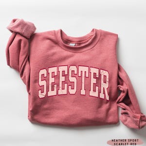 May include: A heather sport scarlet red sweatshirt with the word "SEESTER" printed in a vintage style font in a light pink color.