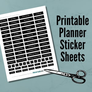 May include: Printable planner sticker sheets with black and white text on white paper. The stickers include months of the year, days of the week, and phrases like "this month", "reading", "drinking", "eating", "listening to", "playing", "watching", "writing", "loving", "hating", "tired of", "learning", "creating", "getting rid of", "making peace with", "in-progress", "finishing", "practicing", "yesterday", "today", "tomorrow", "this week", "I love", "starting", "planning", "night", "friday", "saturday", "sunday", "thursday", "wednesday", "tuesday", "monday", "december", "november", "october", "september", "august", "july", "june", "may", "april", "march", "february", "january".