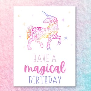 Avoir un anniversaire magique - Carte de licorne imprimable - Téléchargement numérique - Jolie carte aquarelle arc-en-ciel colorée pour les filles et les amoureux de la licorne