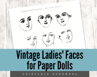 Puede incluir: Caras de mujeres vintage imprimibles para muñecas de papel. Estas ilustraciones en blanco y negro son perfectas para crear muñecas de papel únicas.