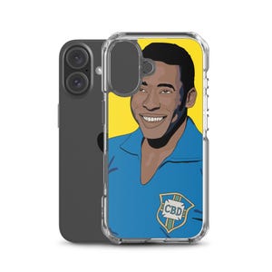 May include: A clear phone case featuring a smiling portrait of a man with dark hair and a blue shirt against a yellow background. The shirt has a crest with the letters "CBD". A black phone is visible behind the case.