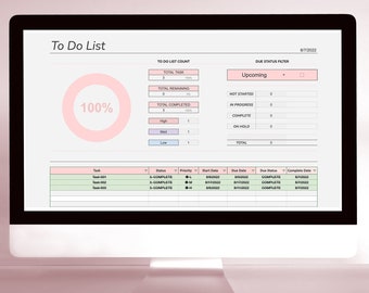Könnte beinhalten: Ein Computerbildschirm zeigt eine To-Do-Liste mit einer Fortschrittsanzeige, die 100 % der Fertigstellung anzeigt. Die Liste ist nach Aufgabe, Status, Priorität, Startdatum, Fälligkeitstermin, Fälligkeitsstatus und Fertigstellungsdatum geordnet. Die To-Do-Liste ist mit "To Do List" betitelt und mit "Google Sheets - Simple To Do List & Dashboard" beschriftet.