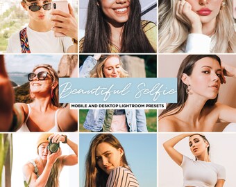 May include: A collage of nine images featuring different people taking selfies. The images are edited with a variety of filters and effects, creating a warm and inviting aesthetic. The text "Beautiful Selfie" is displayed in a light blue box with a white outline. The text "Mobile and Desktop Lightroom Presets" is displayed below the main text.
