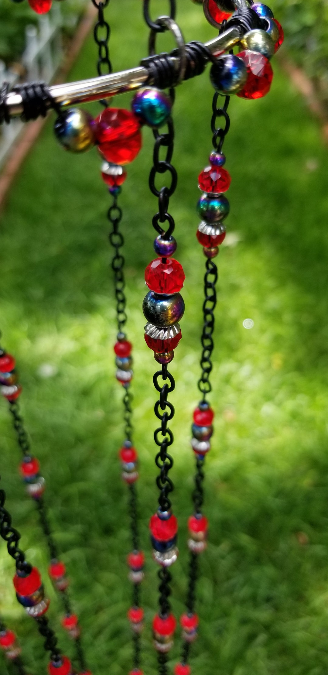 Suncatcher Mobile Black Chain Vibrant Red Glass Beads Two Etsy