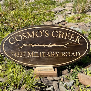 Custom Carved Address Sign | Oval Outdoor Wood Sign | Eastern White Cedar | Camp, Cabin, Cottage, Airbnb, Business Sign | Double Sided |