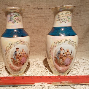Matching Pair Iridescent Blue Victorian Garden Couple Royal Crown Japan VasesVintage rare find Vi