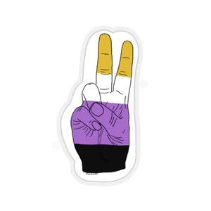 May include: A sticker featuring a hand making the peace sign, colored with the non-binary pride flag. The fingers are yellow and white, the palm is purple, and the base is black. The sticker has a white border.