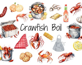 Crawfish Boil Clip Art | Crawfish Digital Download | Printable Crawfish Boil Party | Cajun Art | Watercolor Clip Art | Crawfish