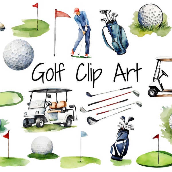 Golf Clip Art | Golf Digital Download | Printable Golf Party | Master's Art | Watercolor Clip Art | Golfball | Golf Cart Art | PGA Decor