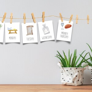 May include: Five white cards with watercolor illustrations and text hanging on a string with clothespins. The cards read "Palm Sunday", "Monday", "Tuesday", "Wednesday", and "Maundy Thursday".