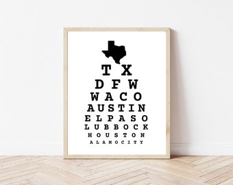 Texas Eye Chart | State Snellen Chart | Hipster Print | Optometry Gifts | Optometrist Sign | Eye Doctor | Snellen Eye Chart Print | TX Art