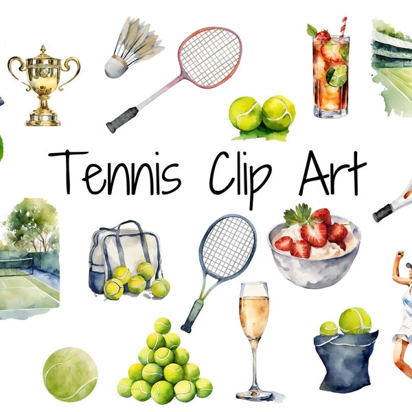 Tennis Clip Art | Wimbledon | Tennis Digital Download | Printable Tennis Party | Watercolor Clip Art | Badminton | Tennis Tournament Art