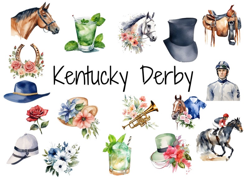 Kentucky Derby Clip Art Horse Racing Digital Download Printable Kentucky Derby Party Derby Day Clip Art Watercolor Clip Art Horse image 1