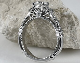 Verragio style Engagement ring,Solid 14K White Gold. Unique Moissanite Ring.21062