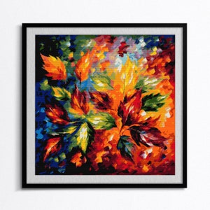 May include: Abstract painting of colorful leaves in shades of red, orange, yellow, green, and blue. The leaves are arranged in a swirling pattern, creating a sense of movement and energy.