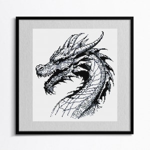 Black & White Dragon Cross Stitch Pattern – Monochrome Fantasy Art, Digital PDF, Gothic Embroidery, DIY Decor, Instant Download