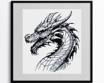 Black & White Dragon Cross Stitch Pattern – Monochrome Fantasy Art, Digital PDF, Gothic Embroidery, DIY Decor, Instant Download