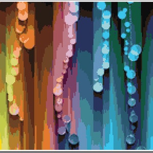 May include: Abstract digital art featuring vertical stripes of various colors, including purple, green, yellow, orange, brown, blue, and teal.  Each stripe is adorned with a series of overlapping circles, creating a sense of depth and movement.