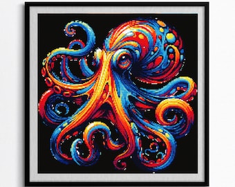 Psychedelic Octopus Cross Stitch Pattern, Vibrant Ocean Animal Embroidery, Colorful Marine Life Art, DIY Nautical Home Decor Craft PDF