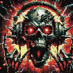以下が含まれることがあります： 炎の爆発に囲まれた、赤い光る目をした頭蓋骨がヘッドホンをしている。頭蓋骨はピクセル化されており、デジタルまたはビデオゲームの美学を与えている。