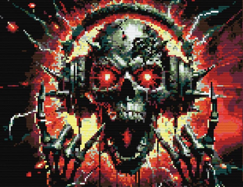 以下が含まれることがあります： 炎の爆発に囲まれた、赤い光る目をした頭蓋骨がヘッドホンをしている。頭蓋骨はピクセル化されており、デジタルまたはビデオゲームの美学を与えている。