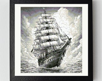 Sailing Ship Cross Stitch Pattern – Vintage Nautical Art, Monochrome Embroidery, Digital PDF, Pattern Keeper Compatible, Instant Download