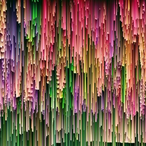 May include: Abstract digital art featuring a colorful vertical pattern of thin, vertical lines in shades of pink, green, purple, and yellow.