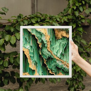 May include: A framed abstract print with a green and gold color scheme. The print features a swirling, marble-like pattern.