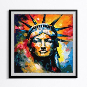 Peut inclure: Une peinture abstraite colorée de la Statue de la Liberté. La peinture présente une palette de couleurs vives, notamment le rouge, l'orange, le jaune, le vert, le bleu et le violet. Le visage de la Statue de la Liberté est mis en avant, avec un accent sur ses yeux et sa bouche.