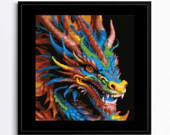 Motif de point de croix dragon chinois – bête mythique vibrante, PDF numérique, broderie moderne, art DIY, téléchargement immédiat