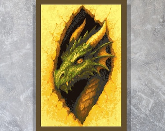 Green Dragon Cross Stitch Pattern – Fierce Fantasy Wall Art, 133x200 Stitches PDF – Pattern Keeper Compatible