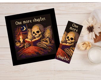 Zestaw wzorów do haftu krzyżykowego „Jeszcze jeden rozdział” w formacie PDF | Haft Gothic Reader + zakładka | Projekt Skeleton Book Lover | Natychmiastowe pobranie