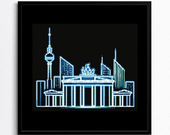 May include: A pixelated blue and green outline of the Berlin skyline, including the Brandenburg Gate and the Fernsehturm.
