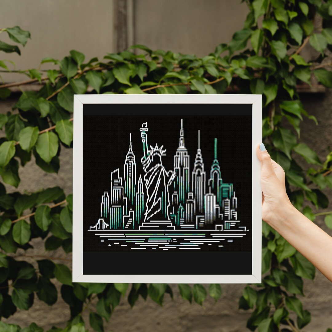 Neon New York Skyline Cross Stitch Pattern - Black Light NYC Cityscape ...