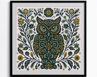 Folk Art Owl Cross Stitch Pattern – Symmetrical Floral Owl PDF – Modern Woodland Embroidery Design – Instant Digital Download