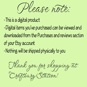 以下が含まれることがあります： 緑色の背景に白い文字で「ご注意ください」と書いてあり、その後に箇条書きが続きます。箇条書きでは、製品がデジタルダウンロードであり、発送されないことが説明されています。テキストは「Craftburg Stationでお買い物いただきありがとうございます！」で終わります。