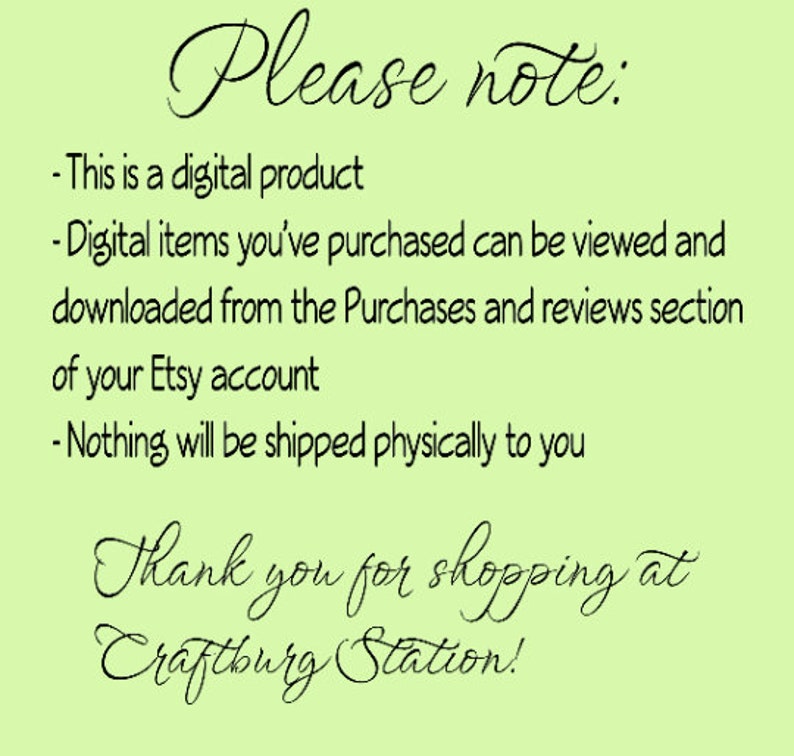 以下が含まれることがあります： 緑色の背景に白い文字で「ご注意ください」と書いてあり、その後に箇条書きが続きます。箇条書きでは、製品がデジタルダウンロードであり、発送されないことが説明されています。テキストは「Craftburg Stationでお買い物いただきありがとうございます！」で終わります。