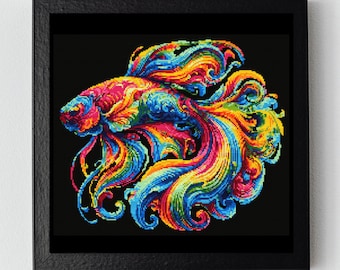 Psychedelic Betta Fish Cross Stitch Pattern – Vibrant Neon Art, Digital PDF, Modern Embroidery, DIY Decor, Instant Download