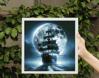ブラックパール - 幽霊ガレオン船クロスステッチパターン: 月明かりに照らされた海賊船 - デジタルダウンロード"