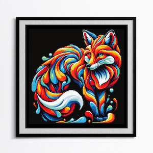 May include: A colourful fox with a swirling, abstract design in shades of red, orange, blue, and white. The fox is standing on a black background with splashes of colour.