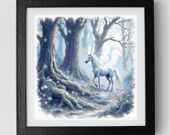 Unicorn in Enchanted Forest Cross Stitch Pattern – Fantasy PDF Design, 150x152 Stitches – Pattern Keeper Compatible