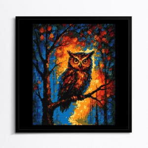 Colorful Owl Cross Stitch Pattern – Modern Impressionist Forest PDF – Bright Night Bird Embroidery Chart