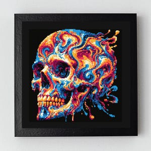 May include: A colorful, abstract skull with swirling patterns in shades of blue, red, orange, and yellow. The skull is rendered in a pixelated style, giving it a digital or digital art feel.