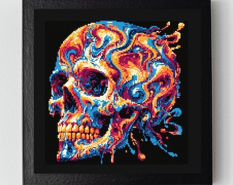 スカル クロスステッチ パターン – ネオン ファイア スカル、デジタル PDF、ゴシック 刺繍、ダーク アート、DIY 装飾、即時ダウンロード