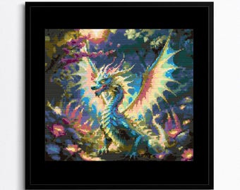 Motif de point de croix dragon fantaisie - forêt enchantée, PDF numérique, broderie aux couleurs vives, bricolage, téléchargement immédiat