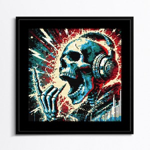 Modèle de point de croix tête de mort rock - PDF numérique, squelette en métal lourd avec casque, musique punk DIY, PDF Pattern Keeper