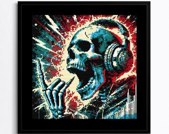ロックスカルのクロスステッチパターン - デジタルPDF、ヘッドフォン付きヘビーメタルスケルトン、パンクミュージックDIY、パターンキーパーPDF