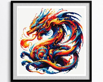 Mystical Fire Dragon Cross Stitch Pattern, Fantasy Creature Embroidery Chart, Colorful Whimsical Dragon Design, Magical Decor PDF Download