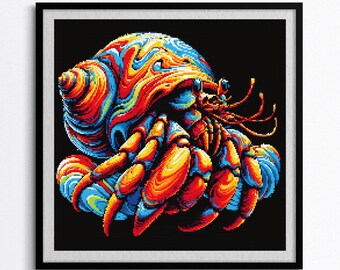 Psychedelische Einsiedlerkrebs Kreuzstich Muster, digitaler Download, lebendige Wirbel Meeresleben Stickerei, bunte Ozean Dekor Handarbeit Kunst
