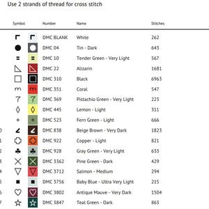 以下が含まれることがあります： DMC糸の色と対応する名前とステッチ数のリストを含むチャート。チャートには、各色について、シンボル、番号、名前、ステッチ数が含まれています。色は、白、錫ダーク、薄い緑、アリザリン、黒、コーラル、ピスタチオグリーン、レモン、シダグリーン、ベージュブラウン、銅、グレーグリーン、パイングリーン、サーモン、ベビーブルー、アンティークモーブ、ティールグリーンです。
